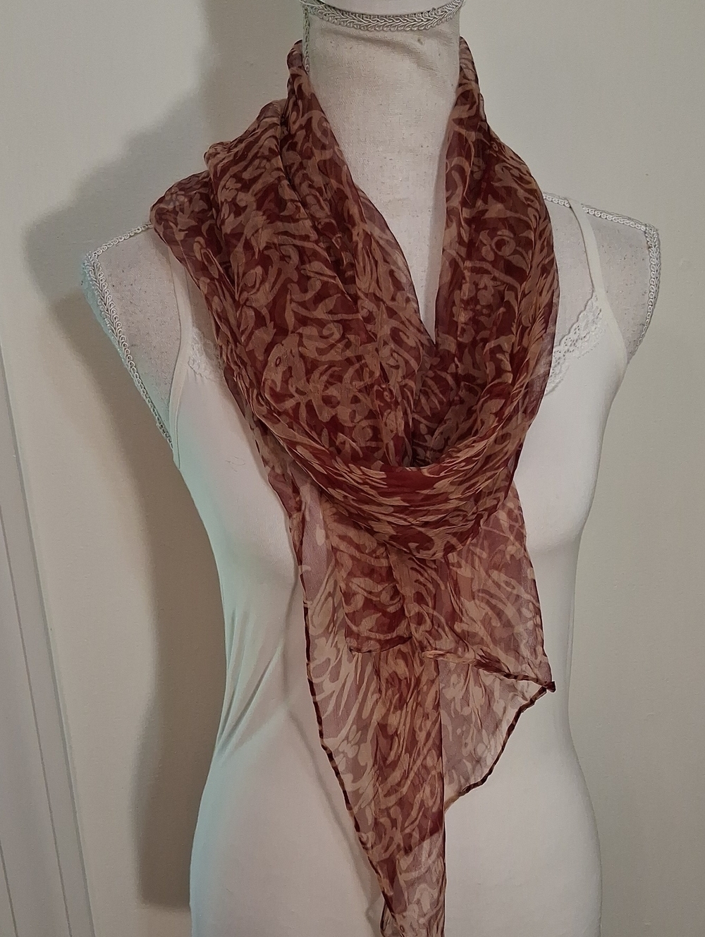 Silk Sheer Patterned Women's Scarf in Burgundy And Tan